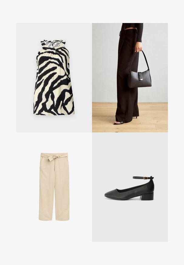 Čierny a krémový top bez rukávov so zebrovým vzorom, s nariasením na výstrihu a gombíkovým zapínaním na zadnej strane.; Béžové široké nohavice s textúrovaným opaskom, disponujúce dvoma bočnými vreckami a čístym lemom. Vyrobené z ľahkej tkaniny pre pohodlie.; Čierne kožené lodičky s špicatou špičkou a nízkym blokovým podpätkom. Obsahuje remienok okolo členka so zlatým prackou. Hladký povrch.; Čierna kabelka so štruktúrovaným tvarom, hladkou textúrou a kovovou sponou. V kombinácii so širokými čiernymi nohavicami a sandálmi s otvorenou špičkou na drevenej podlahe.