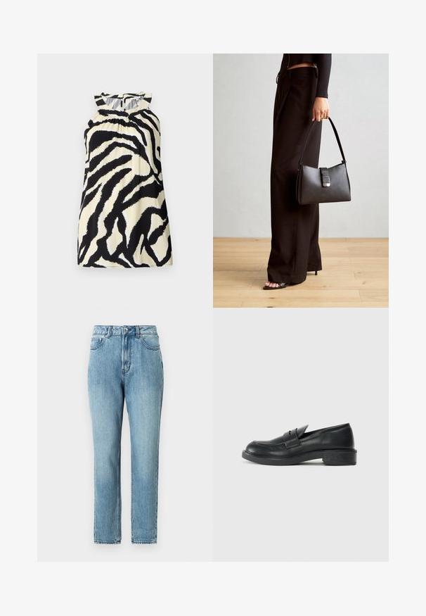 Črna in krem brezrokavna majica z zebrovim vzorcem, ki ima nabralne detajle na izrezanju in gumbasto zapiranje na hrbtu.; TOM TAILOR DENIM Nosečniške kavbojke - clean mid stone blue denim; Črne usnjene loafer čevlje z zaobljenim nosom, šivanim detajlom in majhnim peto. Gladka tekstura in fleksibilen gumijast podplat.; Črna torbica z strukturirano obliko, gladko teksturo in kovinskim zaponko. Ujemajo se z širokimi črnimi hlačami in odprtimi sandali na lesenem tleh.