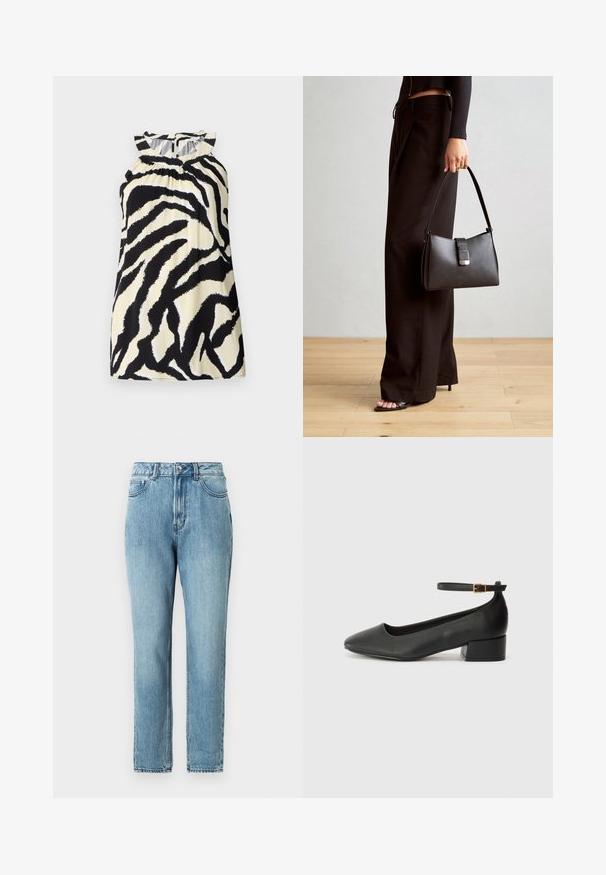 Črna in krem brezrokavna majica z zebrovim vzorcem, ki ima nabralne detajle na izrezanju in gumbasto zapiranje na hrbtu.; TOM TAILOR DENIM Nosečniške kavbojke - clean mid stone blue denim; Črne usnjene pumpice z nazobčanimi prsti in nizko blokasto peto. Imajo trak okoli gležnja z zaponko v zlatem tonu. Gladka tekstura.; Črna torbica z strukturirano obliko, gladko teksturo in kovinskim zaponko. Ujemajo se z širokimi črnimi hlačami in odprtimi sandali na lesenem tleh.