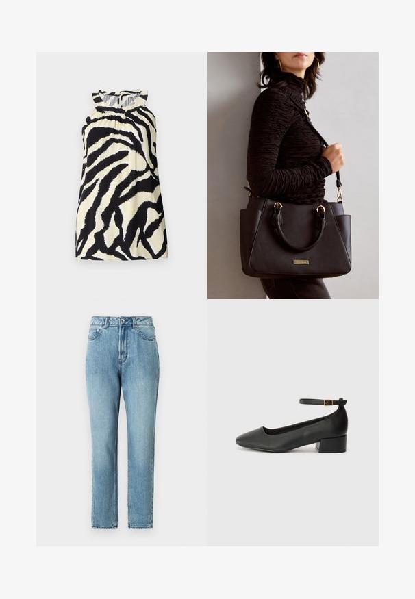 Top sem mangas preto e creme com um design de padrão de zebra, apresentando detalhes franzidos na parte do decote e um fecho de botão nas costas.; TOM TAILOR DENIM Mom Jeans - clean mid stone blue denim; Sandal de pele preta com bico pontiagudo e um salto bloco baixo. Apresenta uma tira no tornozelo com uma fivela em tom dourado. Textura suave.; Bolsa preta com superfície texturizada, alças superiores duplas e alça de ombro ajustável. Apresenta ferragens em tom dourado e bolsos laterais.