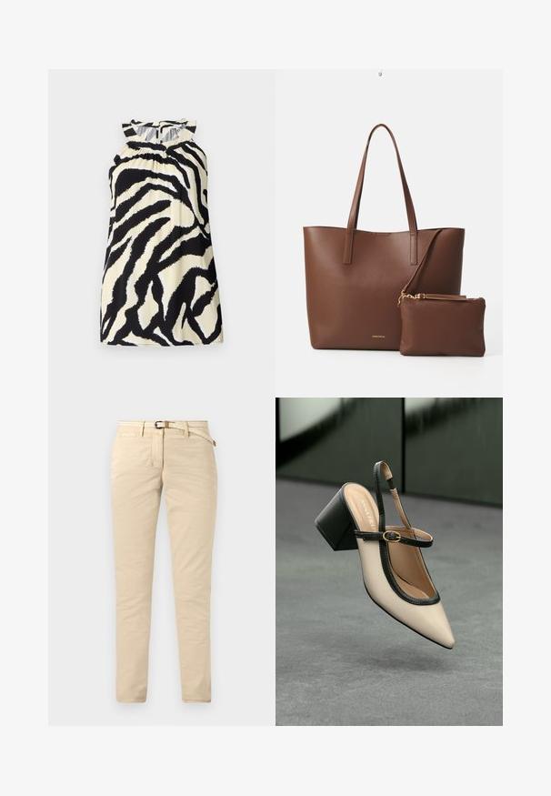 Čierny a krémový top bez rukávov so zebrovým vzorom, s nariasením na výstrihu a gombíkovým zapínaním na zadnej strane.; Bežové chinos nohavice vyrobené z bavlny s hladkým povrchom, s tkaným opaskom a štandardnými vreckami. Úzky strih so rovnými nohavicami.; Béžová lodička so špicatou špičkou, s čiernym lemom, zlatou prackou a robustným blokovým podpätkom na šedom podlahe s tmavozeleným pozadím.; Hnedá taška z umelej kože s dvoma dlhými uchami a zodpovedajúcou malou taštičkou. Povrch má textúrovaný vzor a akcenty zlatého kovania.