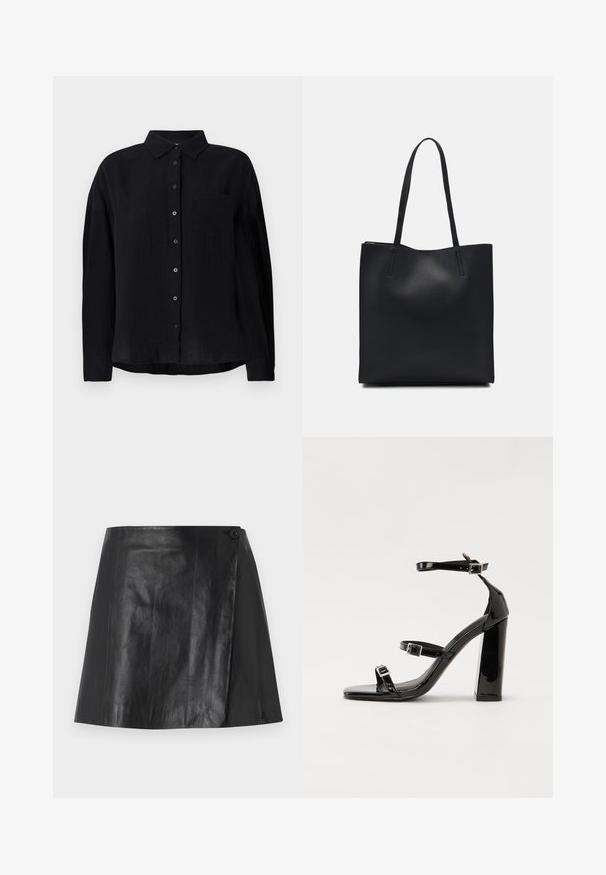 Svart långärmad skjorta i lätt tyg, med spetsig krage, knappslutning fram, en bröstficka och avslappnad passform.; Svart faux läder mini kjol med inslag av omslag framtill som säkras med en knapp på högra sidan, slät yta och lätt glans.; Svarta lackerade högklackade sandaler med två spännband, fyrkantig tå och en tjock klack, med en slät och glansig yta.; Svart lädertoffelväska med slät textur, rektangulär form och två långa handtag. Ingen synlig hårdvara eller dekorationer.