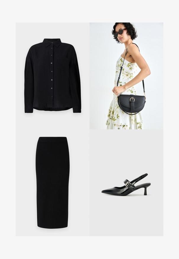Svart långärmad skjorta i lätt tyg, med spetsig krage, knappslutning fram, en bröstficka och avslappnad passform.; Svart stickad midikjol med en figurnära silhuett, som har ett brett elastiskt midjeband och en slät yta, utan märkbara mönster eller detaljer.; Svarta patentläder slingback-klackar med spetsig tå och en liten blockklack, med en silvrig spänneaccent på remmen.; Svart läderhandväska med en böjd form, avtagbar rem och guldiga detaljer. Väskan har ett lock med en spänndetalj.