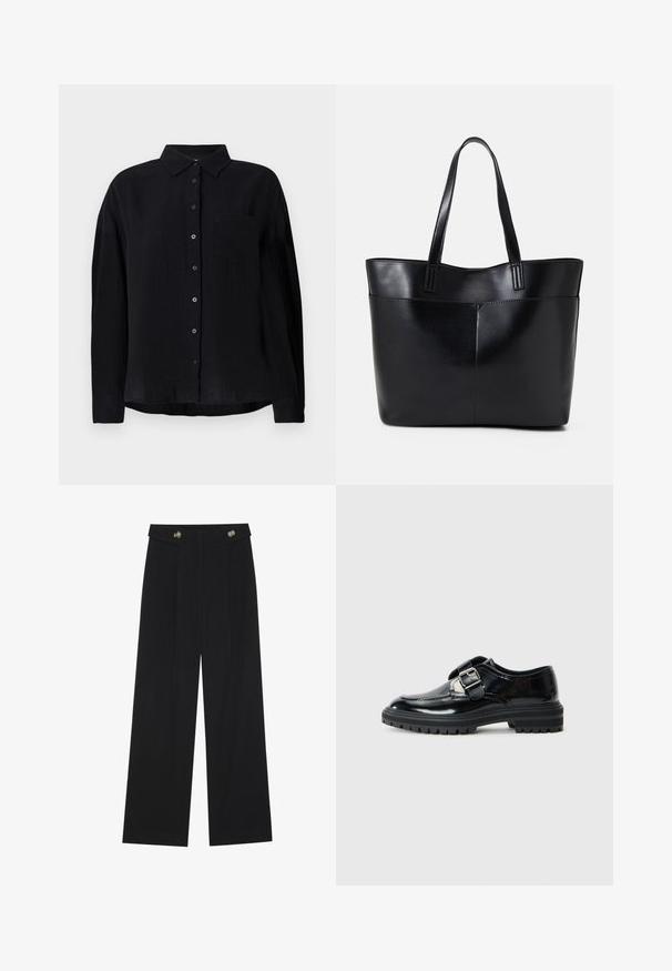 Black long-sleeve shirt made of lightweight fabric, featuring a pointed collar, button front, single chest pocket, and relaxed fit.; Black wide-leg trousers with high waist, button details on waistband, and front pleats.; Black shiny leather loafer with a silver buckle strap and thick rubber sole with tread, shown in profile on a white background.; Black leather tote bag with two long handles, a smooth texture, and a structured shape. Features a front pocket for additional storage.
