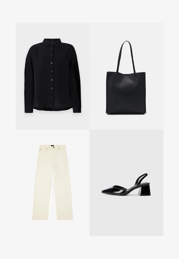 Sort langærmet skjorte lavet af letvægtsstof, med spids krave, knaplukning foran, enkelt brystlomme og afslappet pasform.; Cremefarvede bukser med vidde lavet af denim, med knaplukning, fem lommer og kontrastsyede detaljer.; Sorte patentlæder slingback hæle med spids tå og en geometrisk blok hæl. Har et elegant, minimalistisk design og en glat tekstur.; Sort læder tote taske med glat tekstur, rektangulær form og to lange hanke. Ingen synlig hardware eller udsmykninger.