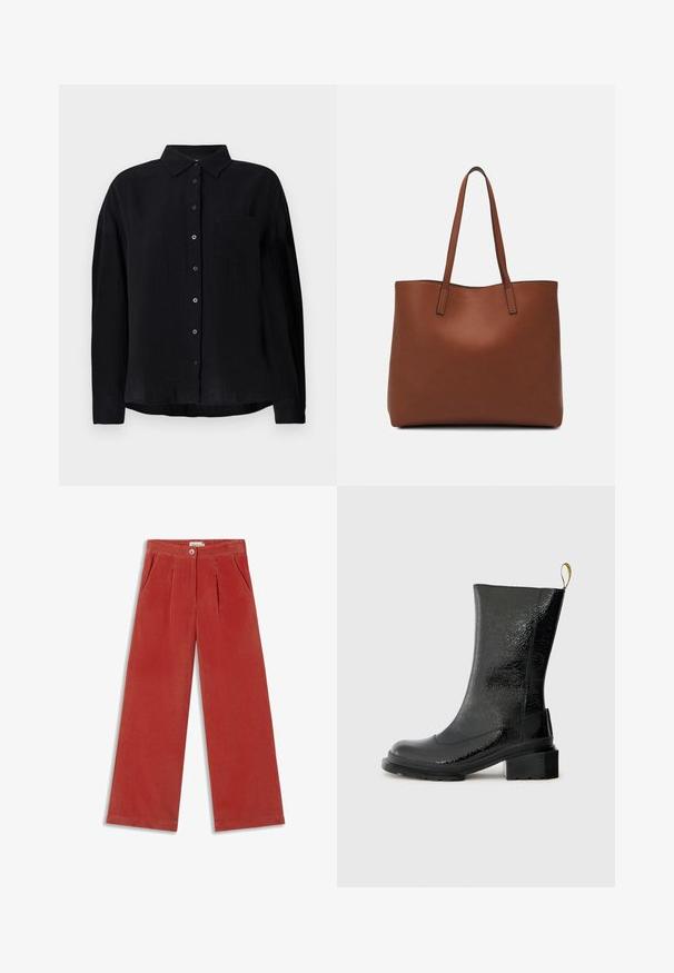 Camicia nera a maniche lunghe realizzata in tessuto leggero, con colletto a punta, chiusura a bottoni, tasca sul petto e vestibilità rilassata.; Pantaloni in corduroy arancione bruciato con gambe ampie, pieghe frontali, due tasche laterali e chiusura con bottone in vita. Texture liscia.; Stivale alla caviglia nero realizzato in materiale lucido e testurizzato. Presenta un tacco spesso e un'apposita linguetta sul retro per una facile vestibilità.; Borsa tote in pelle marrone con texture liscia, design con apertura superiore e due spallacci. Presenta cuciture minime e nessun hardware visibile.