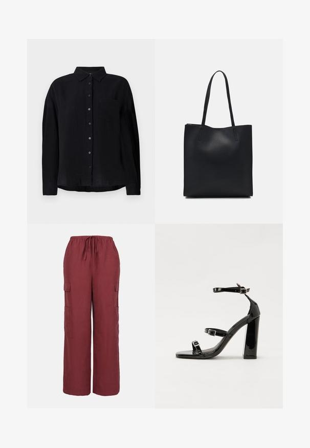 Black long-sleeve shirt made of lightweight fabric, featuring a pointed collar, button front, single chest pocket, and relaxed fit.; Burgundy cargo pants made of lightweight fabric featuring a drawstring waist, wide legs, and two side cargo pockets.; Black patent high-heeled sandals with two buckle straps, square toe, and a chunky block heel, featuring a smooth, glossy texture.; Black leather tote bag with smooth texture, rectangular shape, and two long handles. No visible hardware or embellishments.