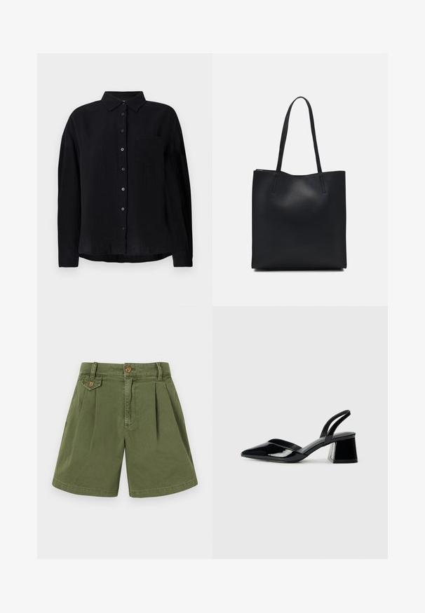 Černá dlouhá košile s dlouhým rukávem vyrobená z lehkého materiálu, s špičatým límcem, zapínáním na knoflíky, jednou náprsní kapsou a volným střihem.; Khaki šortky vyrobené z bavlny, s plisovaným designem, knoflíkem v pase a bočními kapsami. Hladká textura a rovný střih nohavic.; Černé lakované kožené lodičky na pásku s špičatou špičkou a geometrickým blokovým podpatkem. Vyznačují se elegantním, minimalistickým designem a hladkým povrchem.; Černá kožená taška přes rameno s hladkým povrchem, obdélníkovým tvarem a dvěma dlouhými uchy. Žádné viditelné kování ani ozdoby.