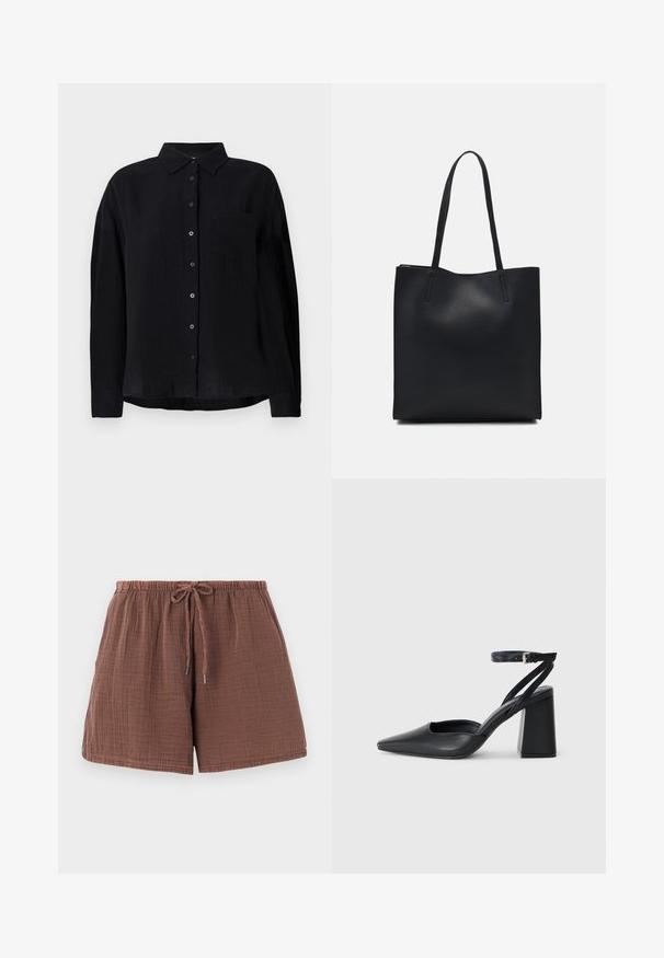 Svart langermet skjorte laget av lett stoff, med spiss krage, knappestolpe, enkelt brystlomme og avslappet passform.; Brune bomullsshorts med en teksturert, krøllete finish, elastisk midjebånd og snor. Midt på låret lengde med en avslappet passform.; Svart lær pumps med spiss tå, ankelrem og kraftig hæl. Flat tekstur, strømlinjeformet design og minimalisme.; Svart lær tote bag med glatt tekstur, rektangulær form og to lange håndtak. Ingen synlige deler eller dekorasjoner.