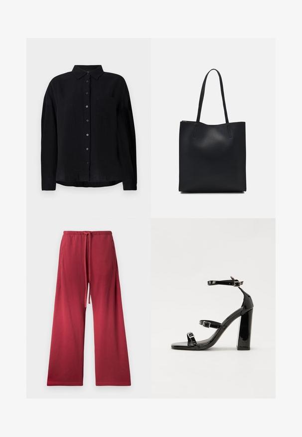 Black long-sleeve shirt made of lightweight fabric, featuring a pointed collar, button front, single chest pocket, and relaxed fit.; Red wide-leg pants made of soft fabric, featuring an elastic waistband with a drawstring, and side pockets for convenience.; Black patent heeled sandals with a square toe, ankle straps, and silver buckles. Features a chunky block heel for stability.; Black leather tote bag with smooth texture, rectangular shape, and two long handles. No visible hardware or embellishments.