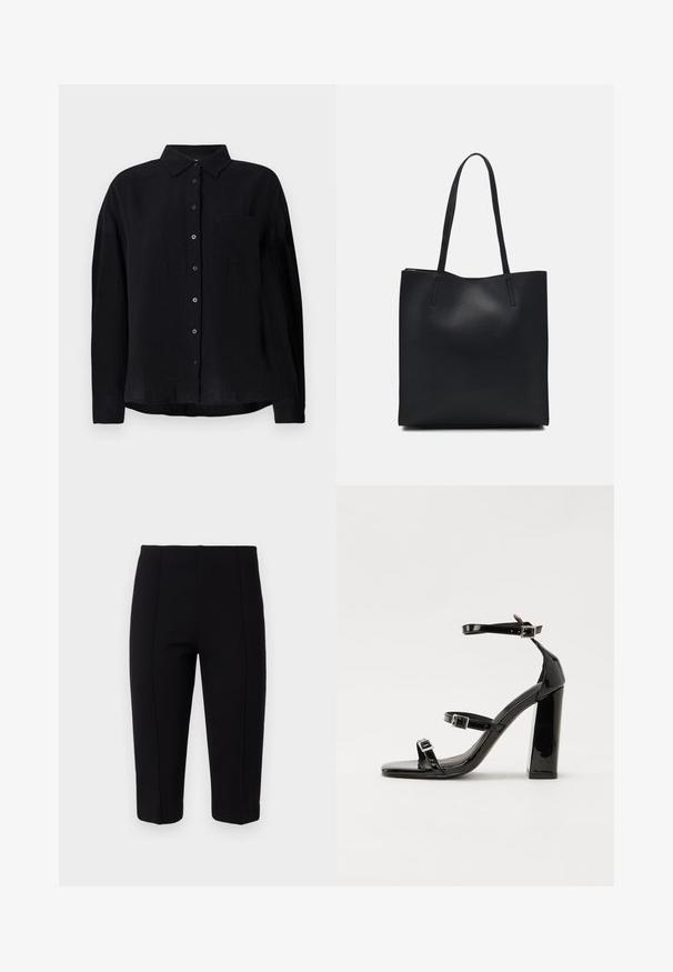 Črna dolga majica z dolgimi rokavi iz lahkega materiala, ki ima usmerjen ovratnik, sprednje gumbe, eno prsno žep in sproščen kroj.; Črne skrajšane hlače iz elastičnega materiala, ki imajo šive na sprednji strani in prilegajoč kroj, kar zagotavlja gladko silhueto.; Črne lakirane sandale s peto, kvadratnim prstom, trakovi okrog gležnja in srebrnimi zaponkami. Opremljene so s stabilno Debelo peto.; Črna usnjena torba s svilnato teksturo, pravokotne oblike in dvema dolgima ročajema. Brez vidnih metalnih delov ali okrasnih elementov.