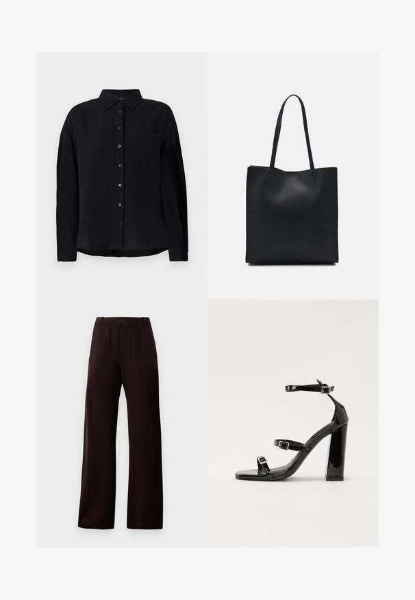Chemise noire à manches longues en tissu léger, avec un col pointu, une fermeture par boutons, une poche poitrine unique et une coupe décontractée.; Pantalons larges marron foncé avec zip, fermeture à bouton et passants de ceinture, présentés sur fond uni.; Sandales à talons vernies noires avec un bout carré, des sangles autour de la cheville et des boucles en argent. Dotées d'un talon bloc épais pour plus de stabilité.; Sac fourre-tout en cuir noir avec une texture lisse, de forme rectangulaire et deux longues poignées. Pas de matériel ou d'ornementations visibles.