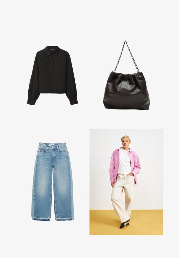 Černá zkrácená košile na knoflíky s hranatým límečkem, dlouhými nadýchanými rukávy a hladkým povrchem, s malými knoflíky vpředu.; Světle modré džínové kalhoty širokého střihu, vyrobené z denimu, s vysokým pasem, zapínáním na knoflík, předními kapsami a surovým lemem.; Růžová kordurová košile přes bílém tričku, spárovaná s béžovými širokými kalhotami a černými botami se žlutými pruhy. Na žlutém pozadí.; Hnědá kožená taška se sbíraným vrškem a řetízkovým popruhem. Hladký povrch s lesklým finišem a jemným švem na bocích.