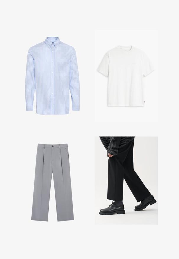 Vaaleansininen pitkähihainen napitettava paita, jossa on valkoiset pystysuorat raidat ja yksi rintatasku. Tässä paidassa on klassinen kaulus ja nappihihansuut.; Valkoinen puuvillainen t-paita, jossa on lyhyet hihat, pyöreä pääntie ja etupuolella vaalealla värillä painettu hillitty "Levi's"-logo.; Harmaat taitetut housut rentoa istuvuutta, valmistettu kevyestä kankaasta. Ominaisuuksiin kuuluvat etutaskut ja nappikiinnitys vyötäröllä.; Mustat nahkakengät, joissa on pyöreä kärki, nauhakiinnitys ja paksu, teksturoitu pohja. Yhdistetty räätälöityjen mustien housujen ja ribbivillapuseron kanssa.