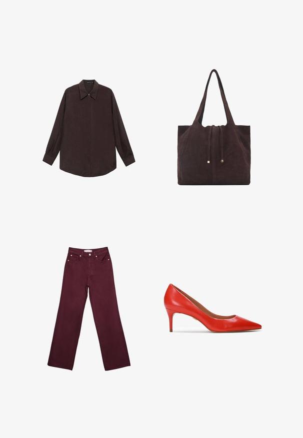 Koszula z długim rękawem w ciemnobrązowym kolorze, z wyłogowym kołnierzykiem, zapięciem na guziki z przodu i prostym wykończeniem. Gładka tekstura i luźny krój.; Bordowe jeansy z wysokim stanem i prostymi nogawkami, z przednimi kieszeniami, zapięciem na guzik oraz mosiężnymi akcentami.; Czerwony skórzany czółenek na wysokim obcasie z ostrym noskiem i smukłym obcasem o wysokości 2,5 cala. Gładka tekstura z minimalnymi detalami i sztywną sylwetką.; Mango - Torba na zakupy