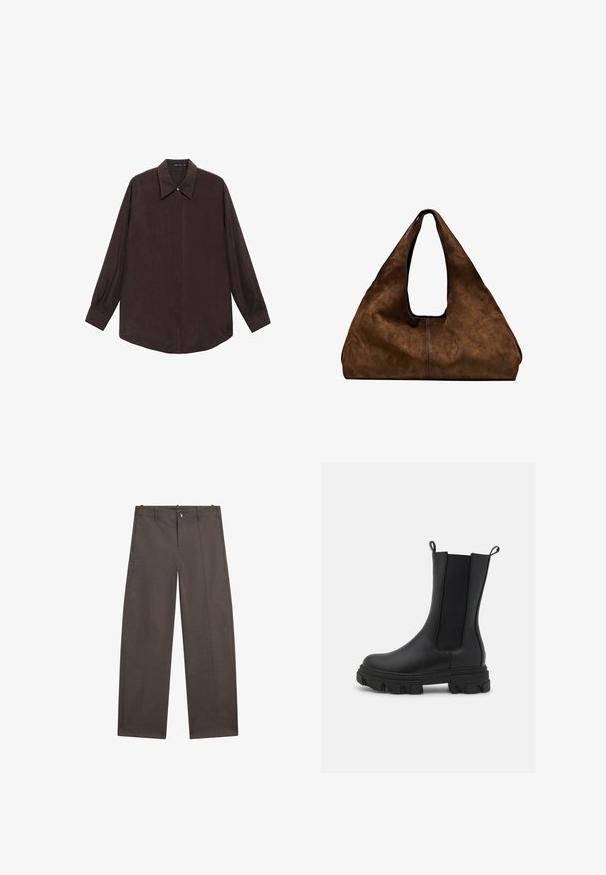 Koszula z długim rękawem w ciemnobrązowym kolorze, z wyłogowym kołnierzykiem, zapięciem na guziki z przodu i prostym wykończeniem. Gładka tekstura i luźny krój.; Szerokie spodnie w ciemnobrązowym materiale. Posiadają zapięcie na guzik, dwie przednie kieszenie oraz gładką teksturę z czystymi szwami.; Czarne botki Chelsea zrobione ze skóry i elastycznego materiału, z masywną gumową podeszwą o wyraźnym bieżniku oraz uchwytami do łatwego zakładania.; Brązowa zamszowa torba na ramię z otwartą górą. Posiada głęboką, szeroką konstrukcję, uchwyt wycięty oraz minimalne przeszycia dla czystego designu.