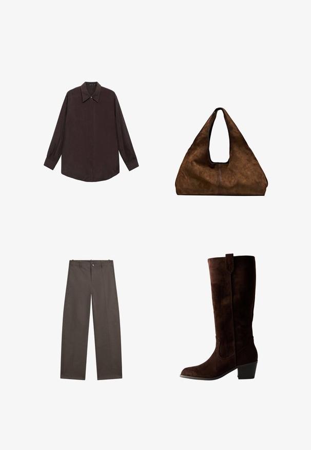 Donkergroene stoffen lange mouwen shirt met een puntige kraag, knoopsluiting aan de voorkant en een recht gesneden zoom. Gladde textuur en losse pasvorm.; Brede broek in donkerbruin stof. Heeft een knoopsluiting, twee voorzakken en een soepele textuur met nette naden.; Bruine suède laarzen tot de knie met een spitse neus en een lage blokhak. Heeft een decoratieve naad en stiksel langs de schacht.; Bruine suède schoudertas met een open bovenkant. Heeft een diepe, brede vorm, een uitsnijdend handvat en een minimale stiksels voor een strak ontwerp.