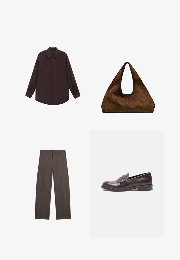 Koszula z długim rękawem w ciemnobrązowym kolorze, z wyłogowym kołnierzykiem, zapięciem na guziki z przodu i prostym wykończeniem. Gładka tekstura i luźny krój.; Szerokie spodnie w ciemnobrązowym materiale. Posiadają zapięcie na guzik, dwie przednie kieszenie oraz gładką teksturę z czystymi szwami.; Ciemnobrązowe skórzane loafersy z teksturą krokodyla, niskim obcasem i przeszyciem z przodu dla dodatkowego stylu.; Brązowa zamszowa torba na ramię z otwartą górą. Posiada głęboką, szeroką konstrukcję, uchwyt wycięty oraz minimalne przeszycia dla czystego designu.
