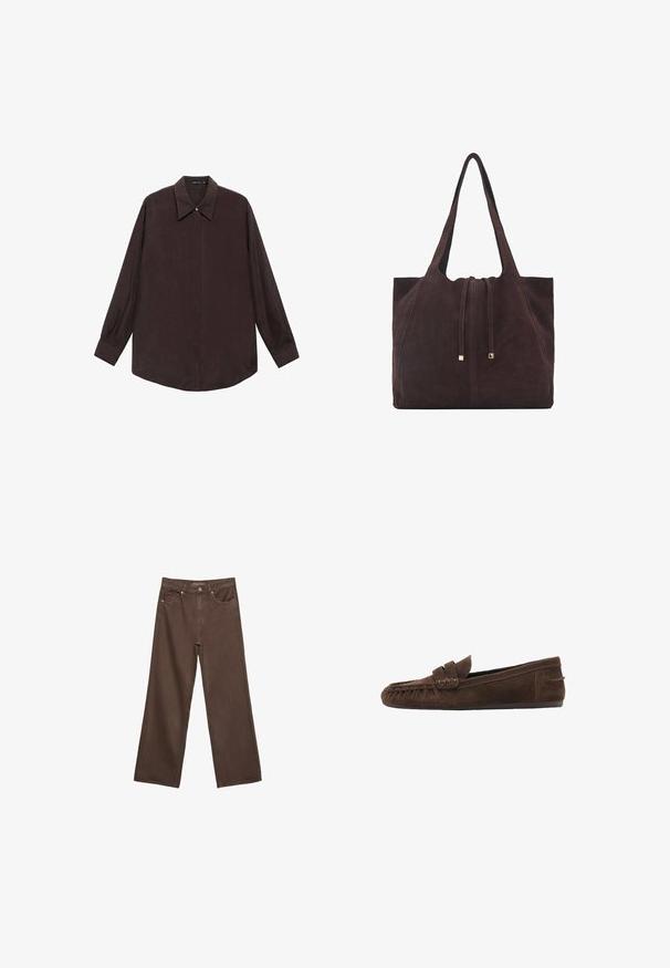 Pitkähihaista tumma ruskeaa kangasta oleva paita, jossa on teräväkaulainen kaulus, etupuolen nappisuljenta ja suora helma. Tasainen tekstuuri ja rento istuvuus.; Leviittävät ruskeat farkut, jotka on valmistettu denimistä, korkea vyötärö, etutaskut ja klassinen nappikiinnitys. Silkkinen pinta hienovaraisella ompelutyöllä.; Ruske suede loafere s teksturiranim gornjim dijelom, sa pletenim naglaskom i ravnim đonom, dizajnirani za udobnost i lakoću nosenja.; Mango Shopping bag - dark brown