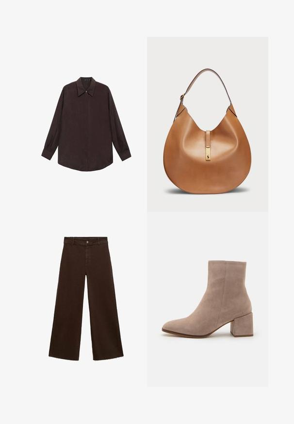 Košulja dugih rukava od tamnosmeđeg materijala s oštrim kragnom, prednjim dugmadi na zatvaranju i ravno rezanom rubu. Glatka tekstura i opušteni kroj.; Smeđe široke hlače od pamuka, s raspucanim rubom, prednjim kopčanjem na dugme i klasičnim dizajnom s pet džepova. Minimalističke i svestrane.; Bež suède čizma do gležnjeva s oštrim vrhom i debelim kvadratnim potplatom. Površina je glatka s mekanom teksturom i minimalnim detaljima.; Torbica od svjetlosmeđeg kože s zakrivljenim oblikom i širokim remenom za rame. Ima zlatni metalni detalj u središtu i glatku teksturu.