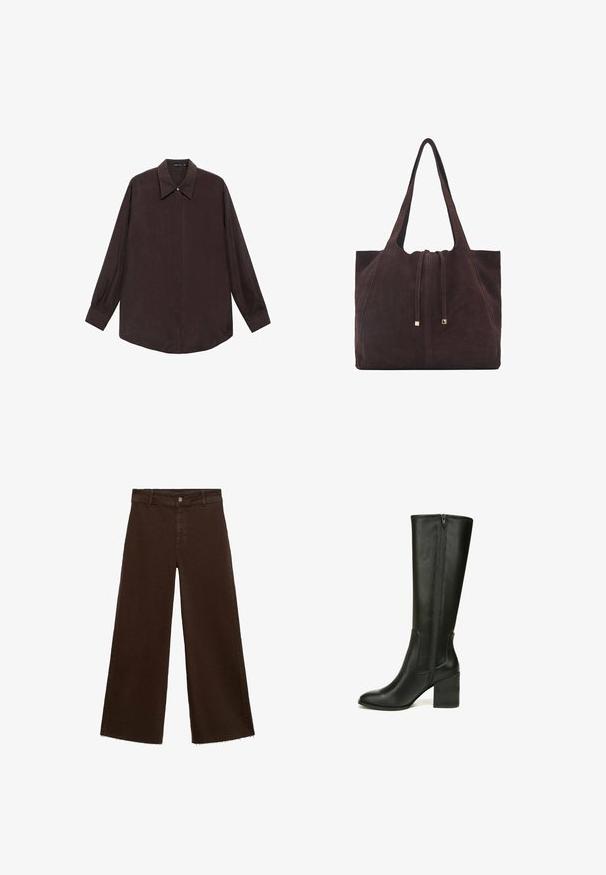 Long-sleeve shirt in dark brown fabric with a pointed collar, front button closure, and straight-cut hem. Smooth texture and relaxed fit.; Brown wide-leg trousers in cotton blend, featuring a frayed hem, front button closure, and classic five-pocket design. Minimalistic and versatile.; Black knee-high leather boots with a pointed toe, textured block heel, and side zipper detailing. Smooth finish and fitted design.; Mango Tote bag - dark brown