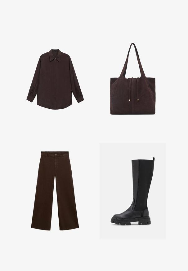 Košulja dugih rukava od tamnosmeđeg materijala s oštrim kragnom, prednjim dugmadi na zatvaranju i ravno rezanom rubu. Glatka tekstura i opušteni kroj.; Smeđe široke hlače od pamuka, s raspucanim rubom, prednjim kopčanjem na dugme i klasičnim dizajnom s pet džepova. Minimalističke i svestrane.; Crne čizmice do koljena s glatkom kožom sprijeda i teksturiranim materijalom straga, s debelim izrezanim potplatom i trakicom za lakše obuvanje.; Mango Velika torba - dark brown