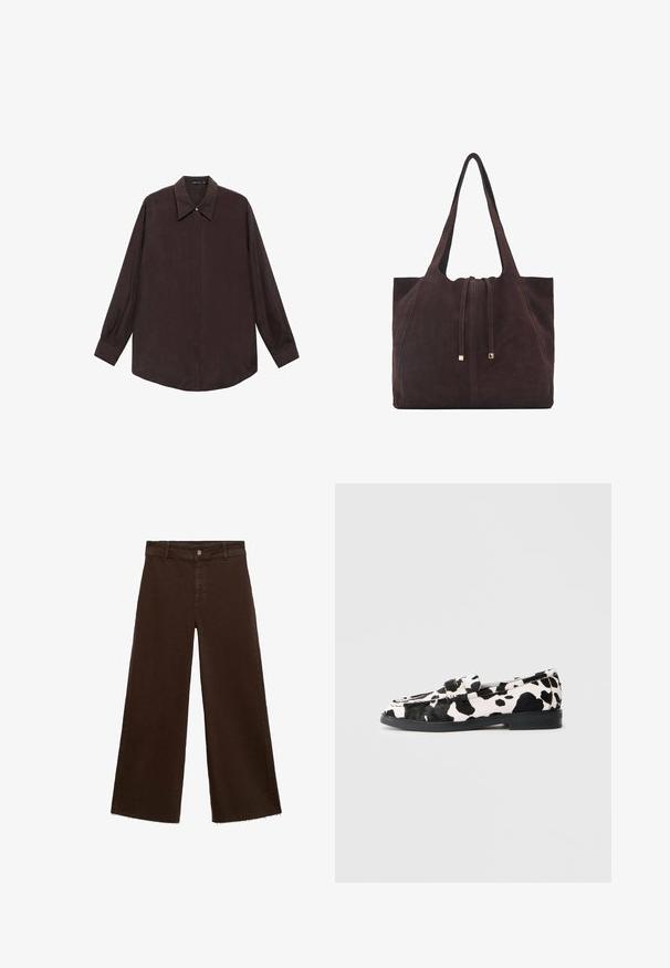 Long-sleeve shirt in dark brown fabric with a pointed collar, front button closure, and straight-cut hem. Smooth texture and relaxed fit.; Brown wide-leg trousers in cotton blend, featuring a frayed hem, front button closure, and classic five-pocket design. Minimalistic and versatile.; Black and white cow-print loafers with a flat rubber sole, featuring a smooth texture and rounded toe design. Adjustable strap detail on upper.; Mango Tote bag - dark brown
