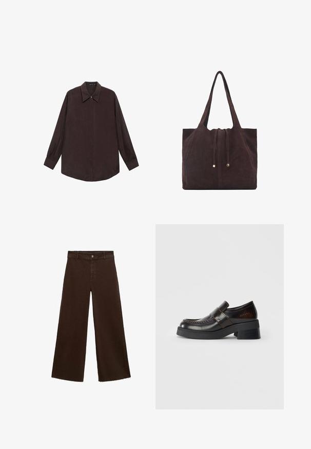 Dolgi rokav srajca iz temno rjave tkanine s koničastim ovratnikom, sprednjim zapiranjem na gumbe in ravnim robom. Gladka tekstura in sproščen kroj.; Rjave široke hlače iz mešanice bombaža, z raztrganim robom, sprednjim gumbom in klasičnim dizajnom s petimi žepi. Minimalistične in vsestranske.; Rjava usnjena loafer obutev z debelim črnim petam, ki ima šivano zasnovo in trak čez zgornji del za dodaten detajl.; Mango Torba za nakupovanje - dark brown
