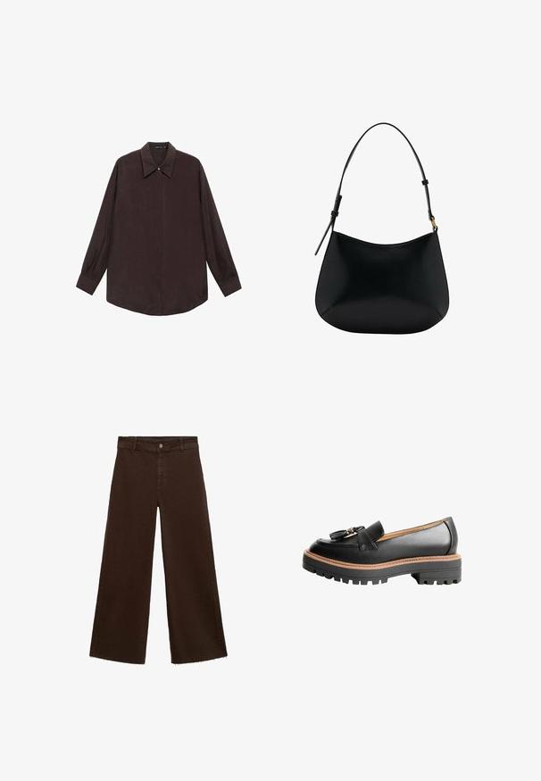 Langärmliges Hemd aus dunkelbraunem Stoff mit spitzem Kragen, Knopfverschluss an der Vorderseite und geradem Saum. Glatte Textur und lockerer Schnitt.; Braune, weit geschnittene Hosen aus Baumwollmischung mit fransigem Saum, vorderem Knopfverschluss und klassischem Fünf-Taschen-Design. Minimalistisch und vielseitig.; Schwarze Lederloafer mit abgerundeter Spitze, dekorativem Schleifendetail und einer klobigen schwarzen Gummisohle mit kontrastierenden braunen Nähten.; Schwarze Ledertasche mit schmalem Design, geschwungener Form und verstellbarem Griff. Verfügt über minimale Nähte und ein schlichtes Design.