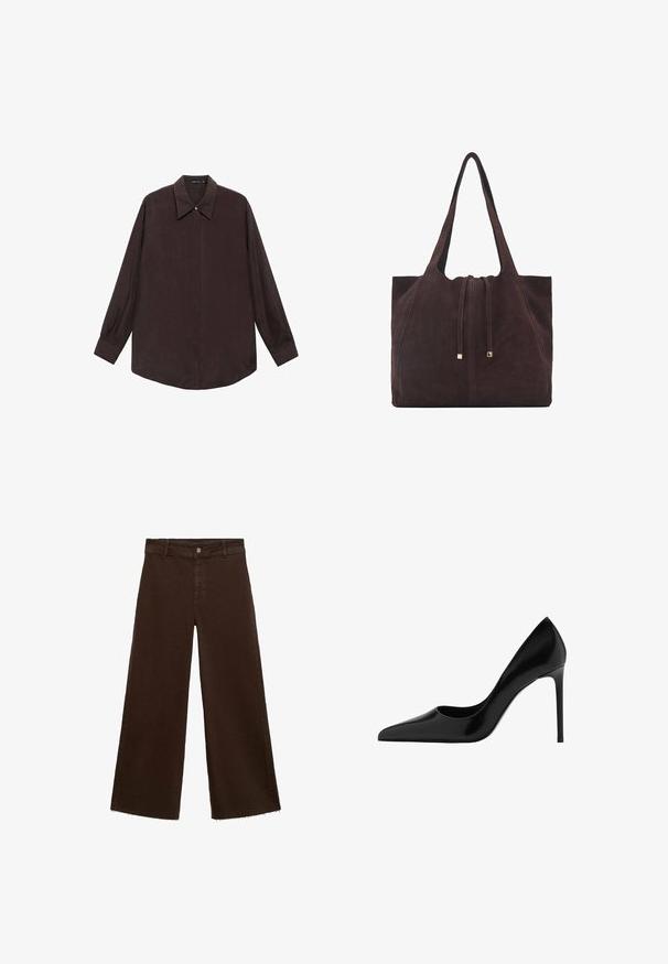 Långärmad skjorta i mörkbrunt tyg med spetsig krage, framknäppning och rak fåll. Slät textur och avslappnad passform.; Bruna breda byxor i bomullsblandning med fransar vid fållen, framknäppning och klassisk femfickdesign. Minimalistiska och mångsidiga.; Svart patentläder högklackad sko, spetsig tå, slät yta, tunn stilettklack, minimalistisk design, inga synliga mönster eller hårdvara.; Mango Shoppingväska - dark brown