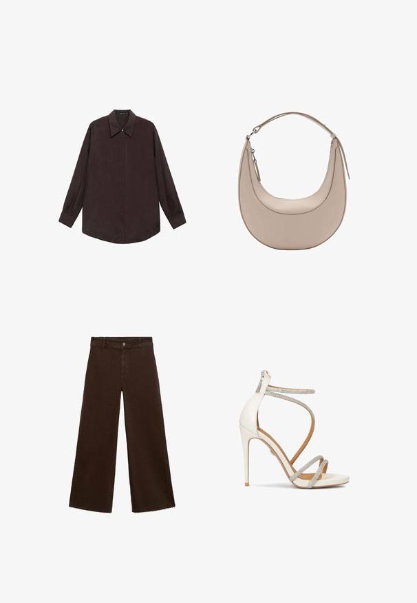 Pitkähihaista tumma ruskeaa kangasta oleva paita, jossa on teräväkaulainen kaulus, etupuolen nappisuljenta ja suora helma. Tasainen tekstuuri ja rento istuvuus.; Ruskeat leveät housut puuvillasekoituksesta, joissa on revitty helma, etunappikiinnitys ja perinteinen viisi-taskuinen muotoilu. Minimalistiset ja monikäyttöiset.; Valkoiset korkokengät, joissa on kimaltavat hopeiset hihnat, avotoppi ja vetoketjusulku takana. Sujuva pinta, tyylikäs muotoilu ja terävä korko.; Vaaleanbeige nahkainen olkalaukku, jossa on kuu-ukko muoto, sileä pinta ja yksi kaareva kahva. Varusteena vetoketjukiinnitys ja siisti ompelu.