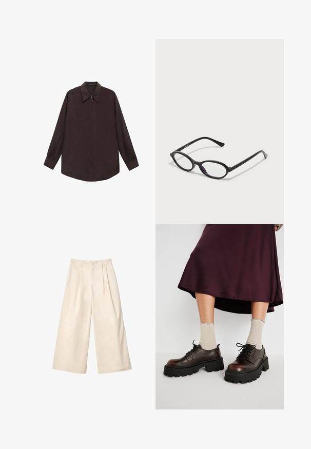 Langärmliges Hemd aus dunkelbraunem Stoff mit spitzem Kragen, Knopfverschluss an der Vorderseite und geradem Saum. Glatte Textur und lockerer Schnitt.; Beige weit geschnittene Hose aus weichem Stoff mit hohem Bund, ausgestattet mit Falten und einem vorderen Knopfverschluss. Glatte Textur und maßgeschneidertes Design.; Braune Leder-Plateauschuhe mit klobigen schwarzen Sohlen, kombiniert mit gerippten beigen Socken mit gewellten Kanten, vor einem gedämpften Hintergrund.; Schwarze Brille mit ovalem Rahmen und durchscheinenden lila Akzenten auf den Gläsern. Der Rahmen hat eine matte Oberfläche und schlanke, gerade Bügel.; Mango Shopping Bag - dark brown