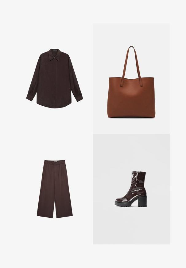 Pitkähihaista tumma ruskeaa kangasta oleva paita, jossa on teräväkaulainen kaulus, etupuolen nappisuljenta ja suora helma. Tasainen tekstuuri ja rento istuvuus.; Ruske levele hlače iz mehkega materiala, z gubami na pasu in stranskimi žepi. Opravljajoča silhueta z udobnim krojem.; Satea bordeaux berwarna mengkilap dengan tumit hitam tebal, menampilkan tekstur halus dan desain sederhana. Tanpa pengikat atau pola yang terlihat.; Ruskea nahkainen olkalaukku, jossa on sileä pinta, avoin yläosa ja kaksi olkahihnaa. Omaavat vain minimaalisen ompelun eikä näkyvää metalliosaa.