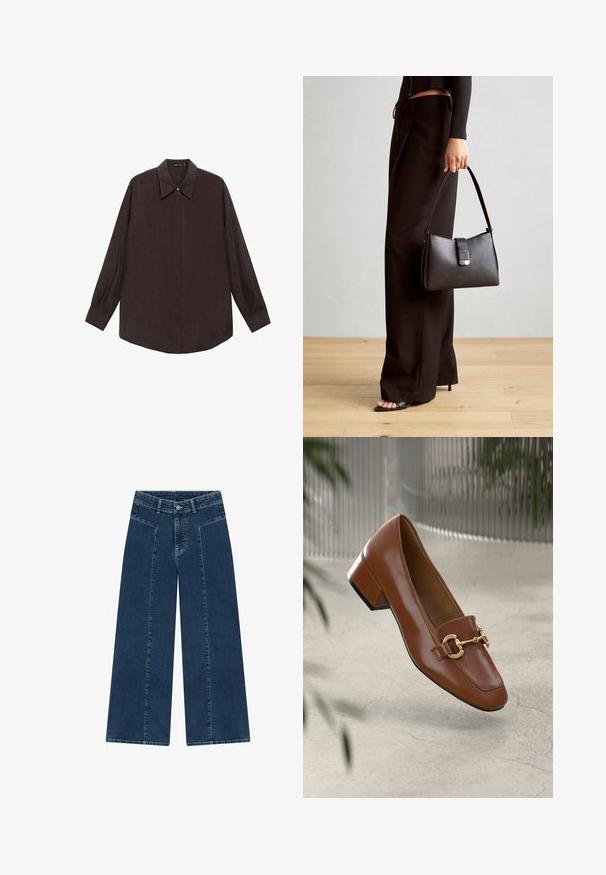 Long-sleeve shirt in dark brown fabric with a pointed collar, front button closure, and straight-cut hem. Smooth texture and relaxed fit.; Wide-leg denim jeans in a dark wash, featuring a high waist, front pockets, and a smooth texture. Stitching is slightly contrasting.; Brown patent leather loafer with square toe, metallic chain accent, and low block heel; smooth texture, minimalist design.; Black handbag with structured shape, smooth texture, and a metallic clasp. Paired with wide black pants and open-toe sandals on wooden floor.