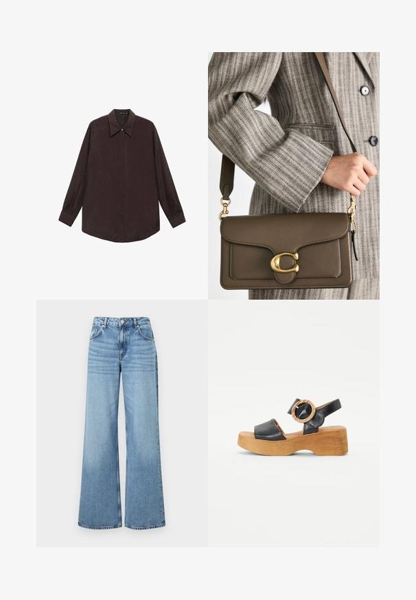 Košulja dugih rukava od tamnosmeđeg materijala s oštrim kragnom, prednjim dugmadi na zatvaranju i ravno rezanom rubu. Glatka tekstura i opušteni kroj.; Svijetloplavi široki traperice napravljene od denima, s visokim strukom, pet džepova i suptilnom izblijedjelom teksturom te dijelovima od zakovica.; Crne kožne sandale sa širokom trakom za prste, podesivom trakicom oko gležnja i okruglim drvenim detaljem. Imaju debelu drvenu platformu.; COACH TABBY SHOULDER BAG 26 - Ručna torba - dark stone