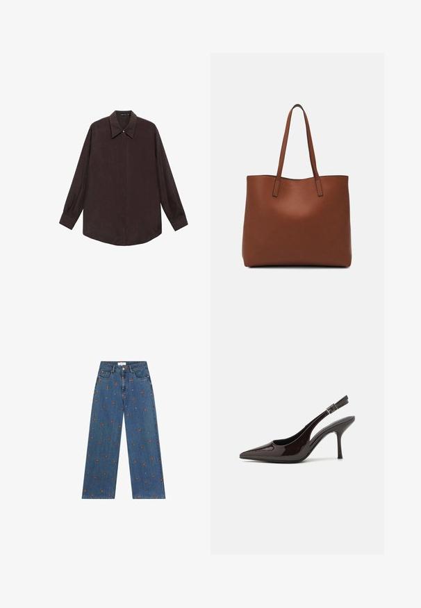 Halenka s dlouhým rukávem v tmavě hnědé barvě, s špičatým límcem, předním zapínáním na knoflíky a rovně střiženým lemem. Hladká struktura a volný střih.; Džíny s širokými nohavicemi v modré denimové barvě s vyšívanými květinovými vzory v oranžové a bílé, s knoflíkovým zapínáním a předními kapsami.; Slingback lodičky na vysokém podpatku z lesklé tmavě hnědé lakované kůže, s špičatou špičkou, otevřenými stranami a nastavitelným páskem kolem kotníku.; Hnědá kožená taška přes rameno s hladkou texturou, otevřeným designem a dvěma ramenními popruhy. Obsahuje minimální švy a žádné viditelné kovové prvky.