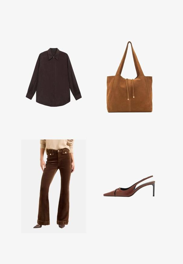 Košulja dugih rukava od tamnosmeđeg materijala s oštrim kragnom, prednjim dugmadi na zatvaranju i ravno rezanom rubu. Glatka tekstura i opušteni kroj.; Smeđe korduroy širom krojene hlače imaju visoki struk, prednje džepove i zlatne dugmadi. Tkanina ima mekan, rebrast teksturu.; Smeđa kožna slingback potpetica s iznimno šiljastim vrhom, izrezanom detaljom na gornjem dijelu i elegantnom stiletto potpeticom. Glatka tekstura.; Smeđa antilop torba za ruke s dva duga remena, zatvaranje na vezicu i minimalistički dizajn. Glatka tekstura i bez vidljivih metalnih elemenata.