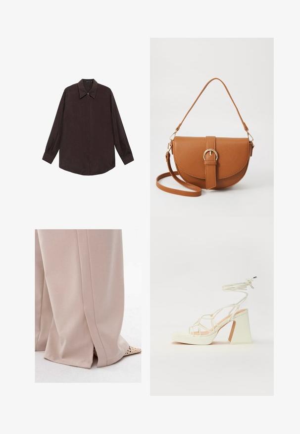 Koszula z długim rękawem w ciemnobrązowym kolorze, z wyłogowym kołnierzykiem, zapięciem na guziki z przodu i prostym wykończeniem. Gładka tekstura i luźny krój.; Jasno beżowe spodnie w szerokim kroju o miękkiej fakturze i delikatnych detalach plis, lekko rozszerzane na końcach, zestawione z plecionymi beżowymi butami.; Biała sandał na wysokim obcasie z masywnym słupkiem, z paskowym wzorem i wiązaniem przy kostce. Gładka faktura z platformą z przodu dla dodatkowej wysokości.; Brązowa skórzana torba na ramię o zaokrąglonym kształcie, ze złotymi akcentami i zapięciem w formie klamry. Posiada odpinany pasek na ramię.