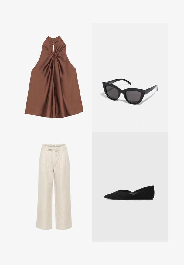 Bruine mouwloze top met een hoge kraag, gedrapeerde stof en een keyhole rugopening, gemaakt van glad, glanzend materiaal.; Beige linnen broek met wijde pijpen, voorzien van een koord in de tailleband en voorplooien, met een gladde textuur en een enkel-lange snit.; Zwarte suède platte schoen met een puntige neus en een V-vormige uitsparing aan de zijkanten. Kenmerkt zich door een zachte textuur en een laag profielzool.; Zwarte cat-eye zonnebril met een matte afwerking, voorzien van grijs getinte glazen, scherpe hoeken en slanke zijarmen. Merkennaam zichtbaar op de binnenarm.; Zwarte leren handtas met een gebogen vorm, textuuroppervlak, voornaden en een logo in goudkleur. Beschikt over een enkele verstelbare schouderband.