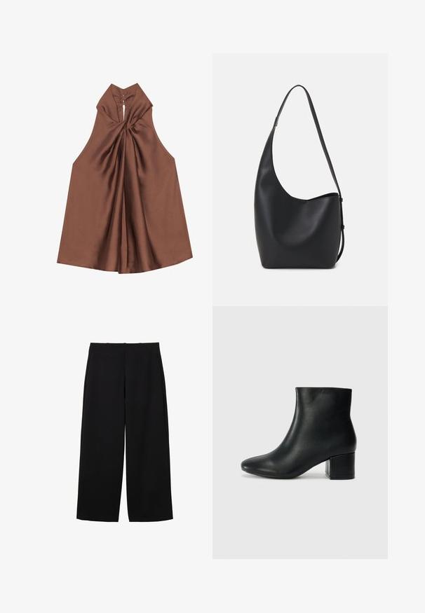Braunes ärmelloses Oberteil mit hohem Kragen, drapiertem Stoff und einem Schlüsselloch-Rückenverschluss, aus glattem, glänzendem Material gefertigt.; Schwarze weit geschnittene Hose aus strukturiertem Stoff mit hoher Taille, ausgestattet mit frontalen Falten und einem schlichten Design. Keine sichtbaren Taschen oder Beschläge.; Schwarze Leder-Ankle-Boots mit spitzem Zehenbereich und klobigem Absatz. Glatte Textur mit minimalen Akzenten und einem eleganten, taillierten Design.; Schwarze Leder-Hobo-Tasche mit einer glatten Textur, geschwungener Form und einem einzelnen verstellbaren Tragegurt; verfügt über eine weite Öffnung am oberen Ende.