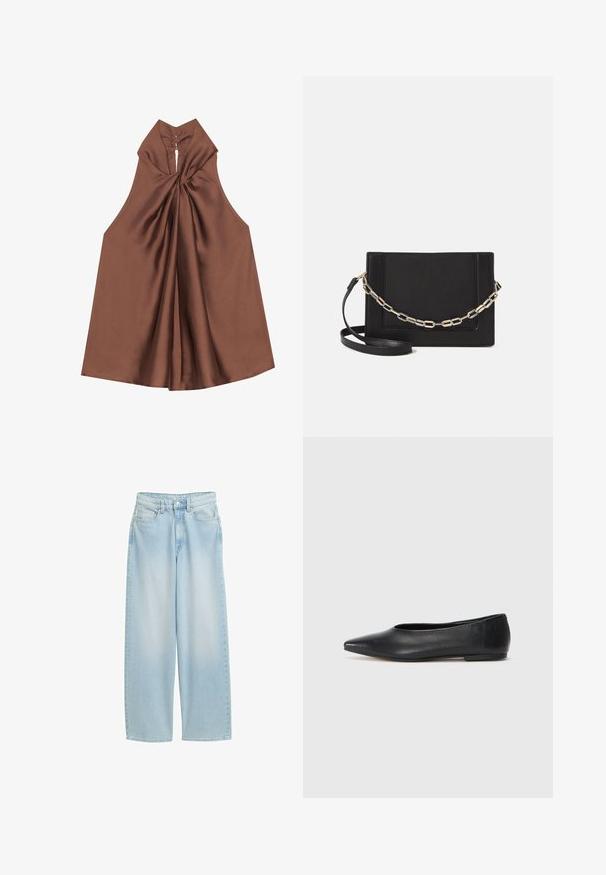 Hnedý bezrukávový top s vysokým golierom, drapovanou látkou a otvorom v strede chrbta, vyrobený z hladkého, lesklého materiálu.; Svetlomodré džínsy s širokými nohavicami vyrobené z denimového materiálu, s vysokým pásom, prednými vreckami, zapínaním na gombík a klasickým prešívaním.; Čierne kožené baletky, špicatý špička, minimalistický dizajn, hladká textúra, nízky podpätok, bez viditeľných prvkov alebo ozdôb.; Čierna kožená crossbody taška s hladkou textúrou, obdĺžnikovým tvarom a kovovým reťazovým detailom na prednej strane. Súčasťou je nastaviteľný popruh.