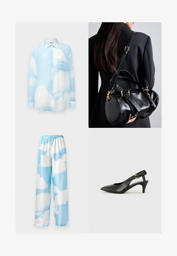 Lichtblauw, doorschijnend overhemd met lange mouwen en wolkenpatroon. Is voorzien van een knopenfront, kraag en een linkerk borstzak. Zachte textuur.; Lichtblauwe broek met een wolkenpatroon, gemaakt van gladde stof, met een elastische tailleband en wijde pijpen. Geen zichtbare zakken of hardware.; Zwarte leren slingback pump met een puntige neus, kleine hak en een gesp detail op de enkelband. Glad textuur, minimalistisch ontwerp.; Zwarte leren handtas met een ronde vorm, voorzien van gouden hardware en verstelbare banden. Accenten van gestructureerd zwart leer en beige details.