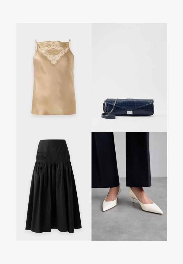 Bežs satīna kamzolis ar mežģīņu detaļām ap kaklu, ar plānām regulējamām siksnām un gludu, spīdīgu tekstūru.; Melna ceļa garuma svārki, izgatavoti no gludas auduma, ar pieguļošu jostas daļu un savelkuma dizainu, kas nodrošina apjomu.; Stuart Weitzman POWER - Klasiski papēži - cream; Tumsā zila ādas kluču soma ar krokodila struktūru, sudraba ķēdītes siksniņu un metalizētiem klipiem. Taisnstūra forma ar pārklājošu dizainu.