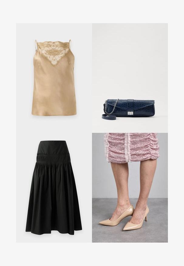 Beesatist kamin, millel on pitsdetail kaelas, koostisosadeks on õhukesed reguleeritavad rihmad ja sile, läikiv tekstuur.; Must be kauniskangast must seelik, millel on kitsas vöökoht ja kogutud disain, mis lisab volüümi.; Bež patentnahkhiired kõrged kontsad terava toe ja peenikese kontsaga. Sile tekstuur ja elegantne disain. Kanna koos roosa sädeleva kleidiga.; Tumehall nahast klamber krokodillitekstuuriga, hõbedane kettrihm ja metallist lukk. Ruutuline kuju volditava disainiga.