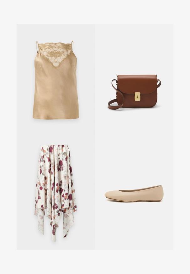 Camisola in satin beige con dettagli in pizzo sullo scollo, caratterizzata da sottili spalline regolabili e una texture liscia e lucida.; Gonna con orlo a fazzoletto bianco con stampa floreale ad acquerello in marrone, grigio e arancione, dotata di una vita elasticizzata.; Ballerine in pelle beige con punta arrotondata, dettagli di cucitura minimi, tacco basso e logo discreto sul retro. Texture liscia e opaca.; Borsa a tracolla in pelle marrone con chiusura a pattina, hardware color oro, tracolla e una finitura liscia. Forma rettangolare compatta.