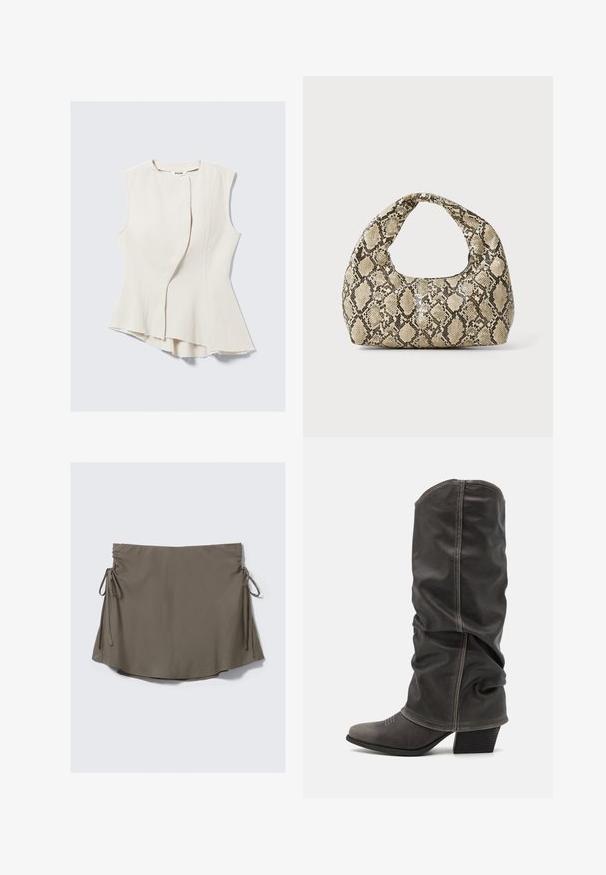 Bez piedurknēm, bēšs tops ar unikālu asimetrisku apakšmalu un teksturētu audumu. Iespējojusies priekšējā pārklājuma dizaina, neapstrādātas malas un viegla spīduma.; Brūna īsa svārku, ar regulējamiem sānu saitēm un saplacinātu detaļu abās pusēs, izvietota uz vienkārša baltā fona.; Pelēki ādas zābaki līdz potītēm ar brīvu dizainu, smailo pirkstu un salikto papēdi. Ievērojama šuvju detaļa uz pirksta zonas.; Čūsku raksta soma ar izliekto rokturi. Izgatavota no teksturētiem, bēšiem un brūniem materiāliem, ar izteiksmīgu dimanta rakstu.