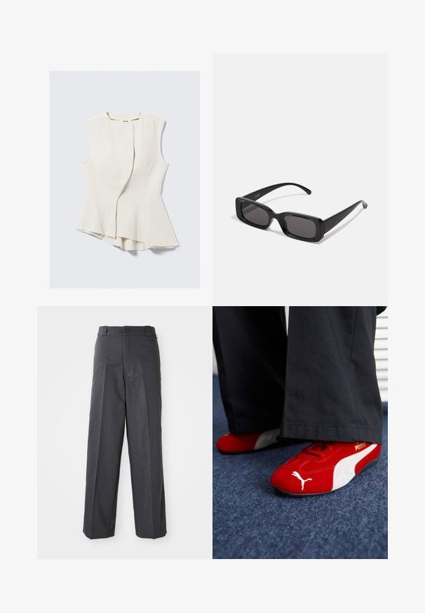 Svetlik s praznimi rokavi v bež barvi z edinstvenim asimetričnim robom in teksturirano tkanino. Ima sprednji prekrivni dizajn, surove robove in subtilen lesk.; Temno sivi hlače z ravnim krojem, ki imajo enojno gumbno zapiranje, zanke za pas in gladko teksturirano blago.; Rdeče semiš tene z belimi detajli, ki imajo teksturiran material, okroglo špico in zlat logotip na strani, nosene z črnimi hlačami.; Črne pravokotne sončna očala z temnimi lečami, sijajna površina, široka ročaja in masiven okvir. Vgravirano ime blagovne znamke na eni ročaji.; Črna lakasta usnjena torbica s ukrivljeno obliko, enim ramenskim trakom, sprednjimi žepi in srebrnimi kovinskimi dodatki.