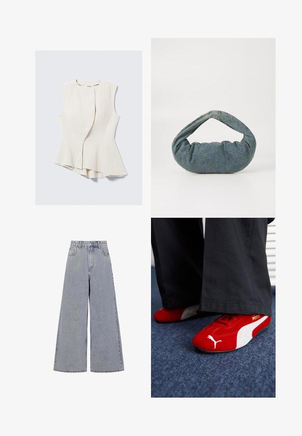 Sleeveless beige top with a unique asymmetric hem and textured fabric. Features a front overlap design, raw edges, and a subtle sheen.; Light blue wide-leg jeans made of denim, featuring a high waist, four pockets, and a classic button closure with subtle fading.; Red suede sneakers with white accents, featuring textured material, round toe, and a gold logo on the side, worn with black pants.; Blue denim bag with a padded, rounded shape and a curved handle. The texture is soft, featuring visible stitching and a smooth finish.