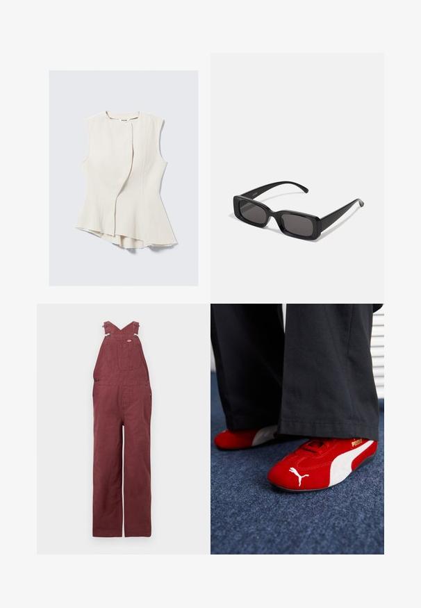 Svetlik s praznimi rokavi v bež barvi z edinstvenim asimetričnim robom in teksturirano tkanino. Ima sprednji prekrivni dizajn, surove robove in subtilen lesk.; Burgundske naramnice iz bombaža, s križno postavljenimi naramnicami, sprednjimi žepi in kovinskimi dodatki. Gladka tekstura in sproščen kroj.; Rdeče semiš tene z belimi detajli, ki imajo teksturiran material, okroglo špico in zlat logotip na strani, nosene z črnimi hlačami.; Črne pravokotne sončna očala z temnimi lečami, sijajna površina, široka ročaja in masiven okvir. Vgravirano ime blagovne znamke na eni ročaji.