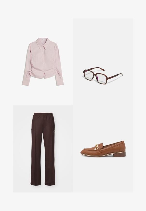 Košeľa na gombíky s dlhým rukávom, s jemne ružovo-bielym pruhovaným vzorom, s bočným riasením a nastaviteľnými šnúrkami v páse.; Hnedé športové nohavice s elastickým pásom, dvoma bočnými vreckami a malým logom na ľavej strane, vyrobené z mäkkej látky.; Hnedé kožené loafers s zlatým reťazovým akcentom a detailom z perál. Má zaoblenú špičku a nízky blokový opätok. Hladká textúra a elegantný dizajn.; Hnedé, obdĺžnikové dioptrické okuliare s priehľadnými šošovkami a fialovými odtieňmi. Hladký plastový rám so zásadnými nožičkami a jemnými akcentmi.; Svetlohnedá kabelka v štýle hobo s jedným širokým popruhom a zakriveným otváraním na vrchu, vystavená na bielom pozadí.